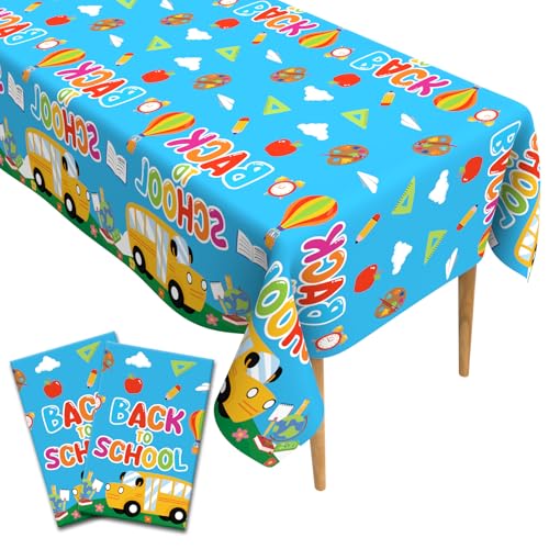 2 PCS Back to School Tablecloths(54x108 Inch) Plastic Disposable Rectangular School Bus Ruler Pencil Table Cover Cloth First Last Day Kindergarten Preschool Teacher Party Favors Supplies Decorations