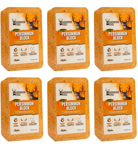 Hardwood Ridge Deer Salt Lick Block, Made with Real Persimmon â€“ Wildlife Long-Lasting Attractant â€“ Natural Feed with Essential Minerals for Antler Growth & Herd Health â€“ 4 lb 6 Pack