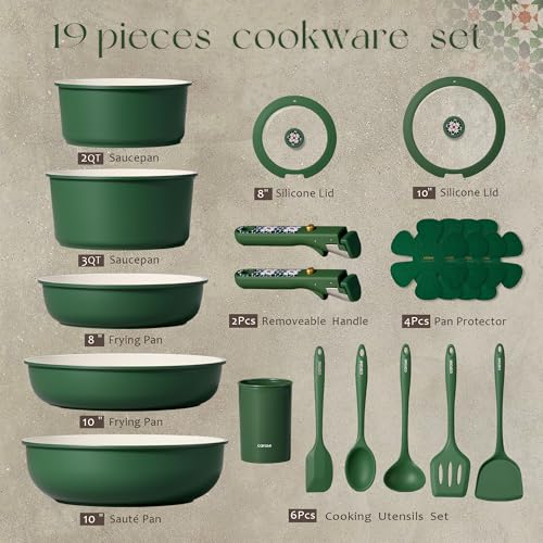 Image of CAROTE 19Pcs Ceramic Cookware Set, Pots and Pans Set Non stick, Non Toxic Cookware Detachable Handle, Kitchen Cooking Set - Induction Cookware, Dishwasher /Oven Safe, PFAS Free, Green