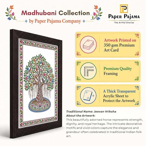 Image of PAPER PAJAMA Tree of Life Vastu Wall Art for Living Room | Madhubani Birds on Banyan Tree Painting | Traditional Mithila Folk Art Framed Decor for Home, Office & Bedroom (10x13 Inches)