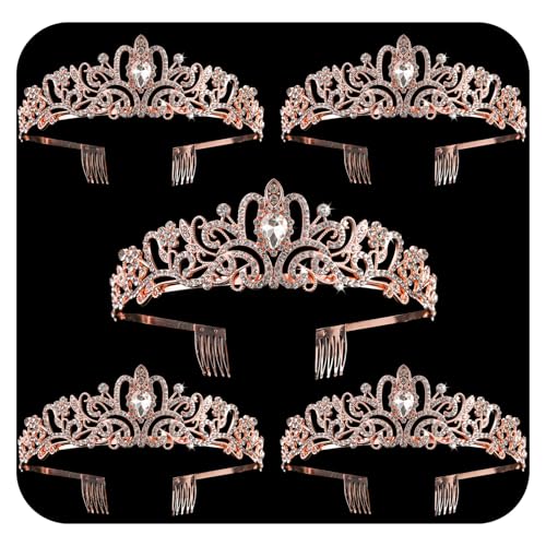 5 Pack Rose Gold Crystal Crowns Tiara for Women Girls Elegant Princess Rhinestone Crown with Combs Bridal Wedding Headbands Prom Birthday Party Halloween Hair Accessories Jewelry Gifts for Women