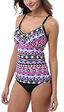 Attraco Damen Two Piece Tribal Tankini Set Mit Schwarzem Slip Azteken, 42, Magenta