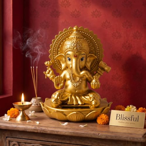 Image of Blissful Solar Moving Lord Ganesha Idol Statue Ganpati Murti for Car GoodLuck Office Home Decorative Showpiece - 11 cm (Plastic, Crystal, Gold)