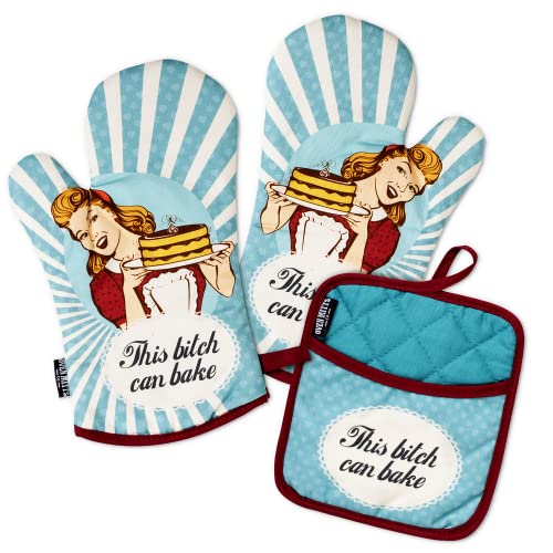 Oven Mitts Co. Can Bake Retro, Oven Mitts and Pot Holder 3pcs Set, Insulated, 100% Cotton, Funny Set