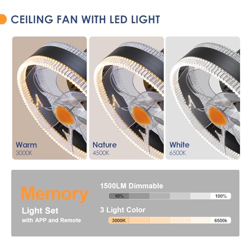 Image of Mpayel Flush Mount Ceiling Fans with Lights - RGB Low Profile Ceiling Fan,13 inch Small Dimmable LED Bladeless Ceiling Fans, Modern Enclosed LED-RGB Ambient Light for Bedroom, Kids Room, Party