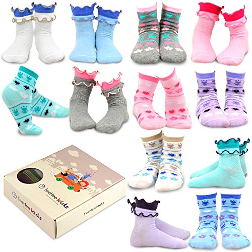 TeeHee Little Girls Cotton Fashion Crew Socks 12 Pair Pack (3-5 Years, Ruffle & Flower Heart)