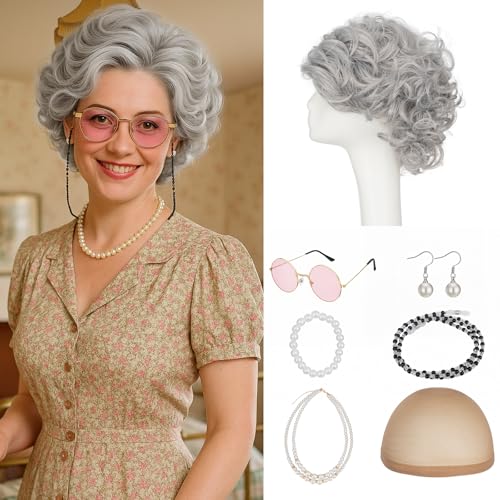 TESS 7 Pcs Old Lady Wig Costume Set, 100 Days of School Grandma Gray Hair Wig Cap Glasses Chain Pearl Bead Necklace for Cosplay Costume, Dark Grey - Pink Glasses, Curly, 9 Inches
