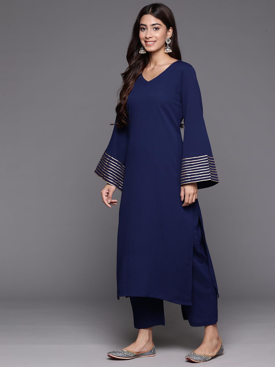 Varanga Women Navy Blue Solid V-Neck Embellished With Gota Straight Kurta Paired With Tonal Bottom And Dupatta  Elegant Ethnic Wear For Women, Perfect For Festive & Special Occasions