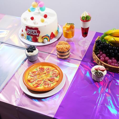 Image of 3 Pack Iridescent Pink and Purple Kpop Plastic Tablecloths, FunnyPars Disposable Rectangle Table Covers, Holographic Metallic Foil Tablecloth Iridescent Party Decorations for Kpop Birthday, 54x108Inch