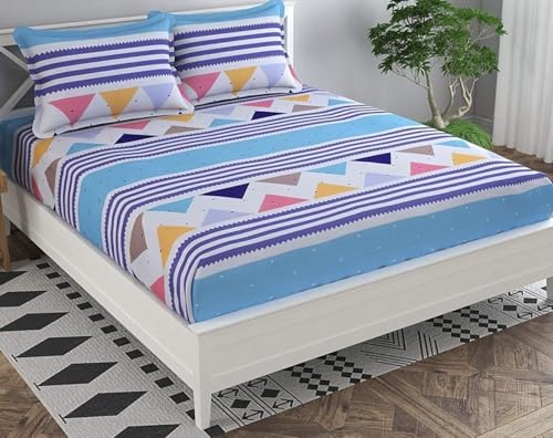 Image of Cotton Feel All Around Elastic Fitted Bedsheet Set for Double Bed Queen Size with 2 Pillow Covers (60 inch x 78 inch inches,White Blue)