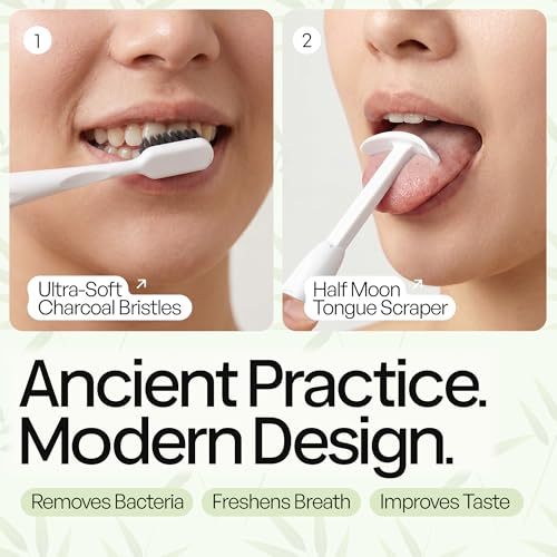 Image of TOKII Tongue Scraper & Tongue Cleaner for Adults, 2-in-1 Toothbrush with Sliding Tongue Scraper, Charcoal Ultra Soft Bristles, Ayurvedic-Inspired, Includes Travel Toothbrush, Stand & Waterproof Pouch