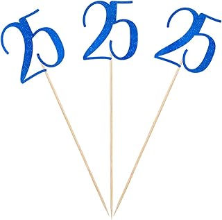 Blue Glitter 25th Birthday Centerpiece Sticks, 12-Pack Number 25 Table Topper Anniversary Party Decorations