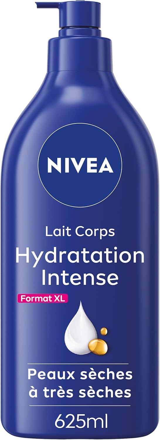 Vue rapprochée du flacon NIVEA Lait corps Hydratation Intense 72H, mettant en avant sa texture et ses ingrédients clés.