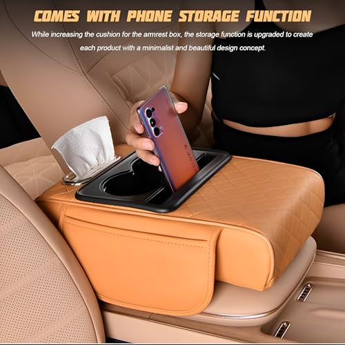 Image of Zpana Car Center Console Armrest Pillow, Memory Foam Leather 4 in 1 Vehicle Arm Rest Cover with Tissue Box 2 Side Storage Bag Cup & Phone Holder, Auto Armrest Cushion, Universal Fit (Beige)
