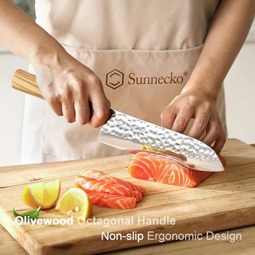 Sunnecko Japanese Santoku Knife for Kitchen - 7 Inch Professional Kitchen Knives with High Carbon Steel 440C Blade, Sharp Knife Octagon Olivewood Handle Asian Knives for Meat Cutting - Image 3