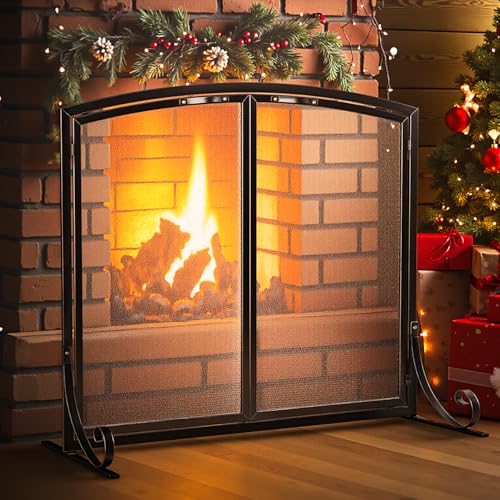 Idzo 38.6''W x33.25''H Fireplace Screen with Doors, 2-Door Black Fire Screen for Fireplaces with...
