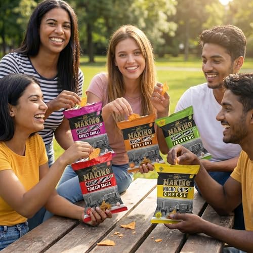 Image of Makino Corn Chips Nachos Pack of 5 (60g Each) | Assorted Healthy Snacks & Low Calorie Munch | Nachos Chips in Fresh Flavors: Cheese, Jalapeno, Sweet Chilly, Peri Peri & Salsa | 40% Less than Regular Potato Chips | No MSG & Zero Human Touch Technology