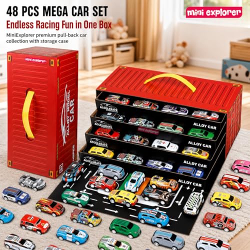 Image of MiniExplorer 48 Pcs Pull Back Cars Set for Kids | Racing Toy Cars Bulk Pack with Storage Container & Play Mat | Mini Alloy Vehicle Set for Boys & Girls 3-8 Years | Return Gifts, Party Favors