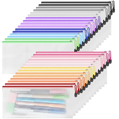 EVERECO 30pcs Small Zipper Pouch 9.3 x 4.5 Inches PVC Mesh Zipper Pouches in 15 Colors Bill Size Waterproof Pouches for Organizing Board Game Storage Office Supplies and Travel