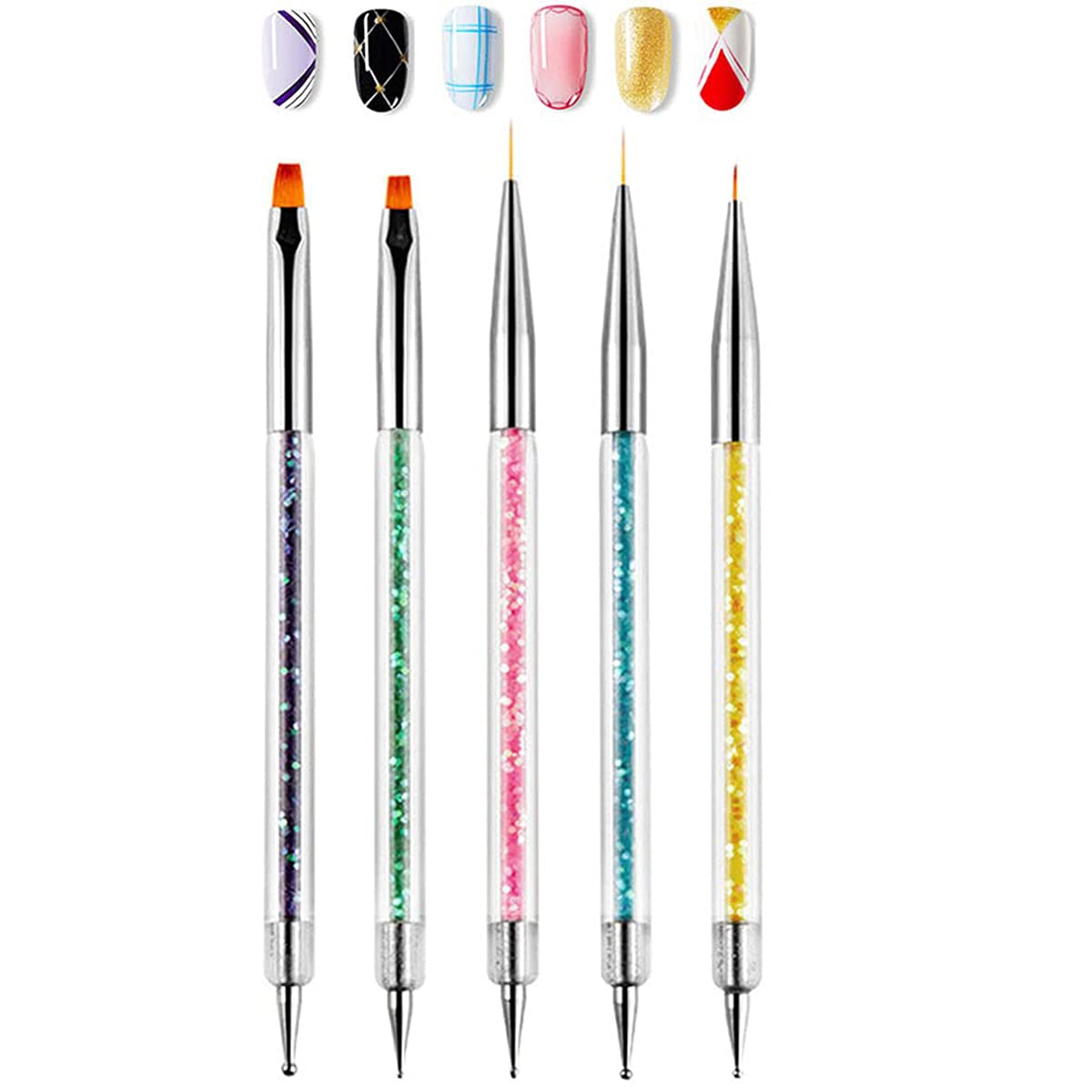 KASTWAVENail Art Brushes, 5Pcs Double Ended Brush & Dotting Tool Kit, Including Nail Liner Brush and Nail Dotting Pens for Nail Art Nail Salon