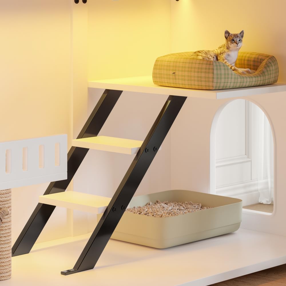 47.25" Large Cat Litter Box Enclosure with LED Light, Hidden Litter Box Furniture Side Table with Smart Locking Door, Cat House with Stairs & Scratching Post for Large Cats, White