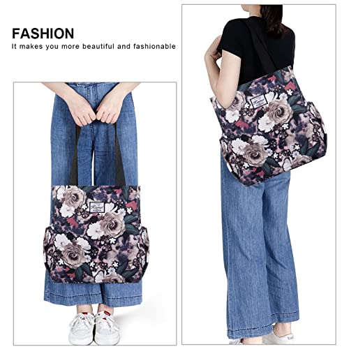 Image of KAMO Floral Tote Bag - Waterproof Lightweight Handbags Travel Shoulder Bag for Hiking Yoga Gym Swimming Travel Beach