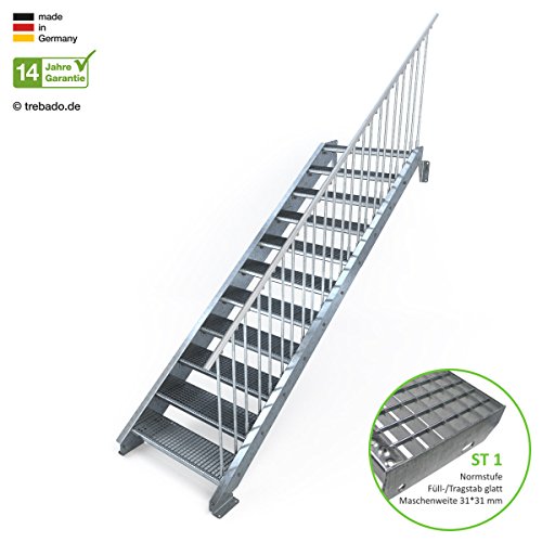 Preisvergleich Produktbild Außentreppe 11 Stufen 90 cm Laufbreite einseitiges Geländer rechts - Anstellhöhe variabel von 183 cm bis 220 cm - Gitterroststufe ST1 - feuerverzinkte Stahltreppe mit 900 mm Stufenlänge als montagefertiger Bausatz