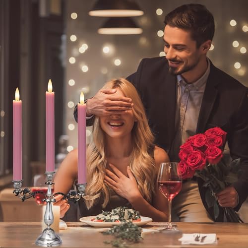 Image of Pink Flameless Taper Candles with Remote, Real Wax Battery Operated LED Candles with 3D Flickering Flame, 9.6 inch Realistic Dripless Candlesticks for Valentine's Day Decor, Proposal Wedding, 3 Pack