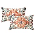 Orange Blue Ethnic Boho Lumbar Pillow Covers 12X20 Inch Bohemian Carpet Vintage Rust Coral Floral Rectangular Couch Pillow Cases with Zipper Set of 2 Home Decor for Room Bedroom Bed Cushion Outdoor