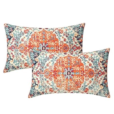 Orange Blue Ethnic Boho Lumbar Pillow Covers 12X20 Inch Bohemian Carpet Vintage Rust Coral Floral Rectangular Couch Pillow Cases with Zipper Set of 2 Home Decor for Room Bedroom Bed Cushion Outdoor