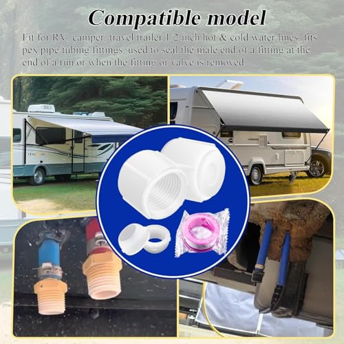 Image of 2 pcs White Plastic Low Point Drain Seals /Caps w /Sealing Ring & Teflon Tape | Fits RV, Camper, Travel Trailer 1 /2 Inch Hot & Cold Water Lines, Fit for Pex Pipe /Tubing Fittings, RV Accessories / Fittings