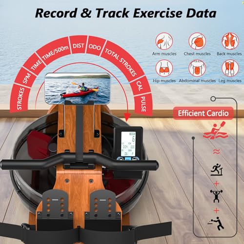 Water Rowing Machine for Home Use, WENOKER Wooden Foldable Rower Machine with Dedicated Monitor & Bluetooth APP, Large Water Tank & Comfortable Seat for Immersive Water Rower, 350LBS Weight Capacity - Image 3