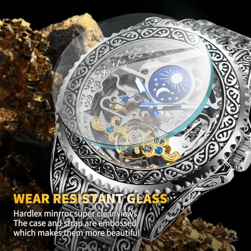 Image of Gute Men's Watch Retro Mechanical Skeleton Watch with Carved Automatic Tourbillon, Moon Phase, Independent Seconds, and Big Dial Design - Self-Wind Automatic Wrist Watches