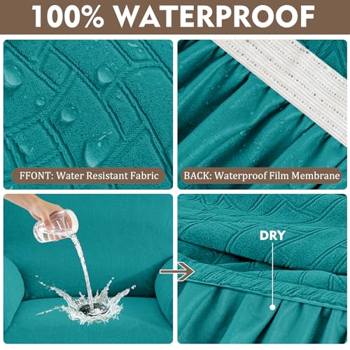 Image of ZNSAYOTX 100% Waterproof Recliner Chair Covers, 3-Piece Stretch Fit Recliner Slipcovers with Buckle & Elastic Band for Lazy Boy, Stay in Place, Soft Plaid Jacquard Protector (Small, Peacock Teal)