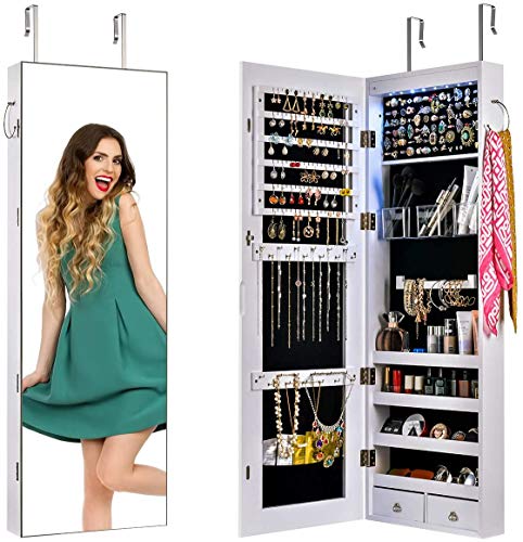 Sunix Schmuckschrank White Oak Multifunktionaler LED-Schmuckspiegelschrank Schmuckschrank-Organizer Ganzkörperspiegel mit 8 LEDs