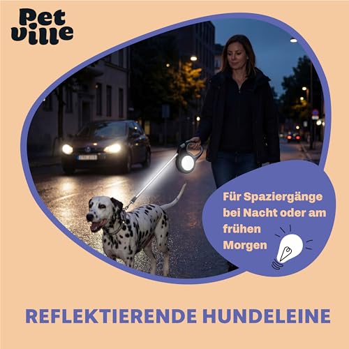 Pet Ville Reflektierende Hundeleine 5 Meter – Antirutsch Rollleine – Schleppleine für Hunde – Halsband Leine – Hundespielzeug – Ausführleine – 16x12x2 cm
