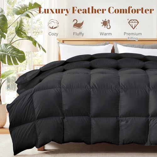 Image of Cosybay Feather and Down Fiber Comforter Insert King, 100% Cotton Cover | Medium Warmth Black Duvet Insert, Fluffy Soft Hotel Luxury Bedding for Bedroom, 106 x 90 Inches