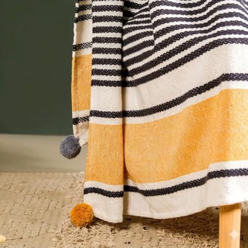 Image of HAKAM 100% Cotton Soft Throw Blanket with Fringe | White & Mustard Stripe | Cozy Breathable Decorative Couch, Bed, Sofa Throw | 50x60 inch