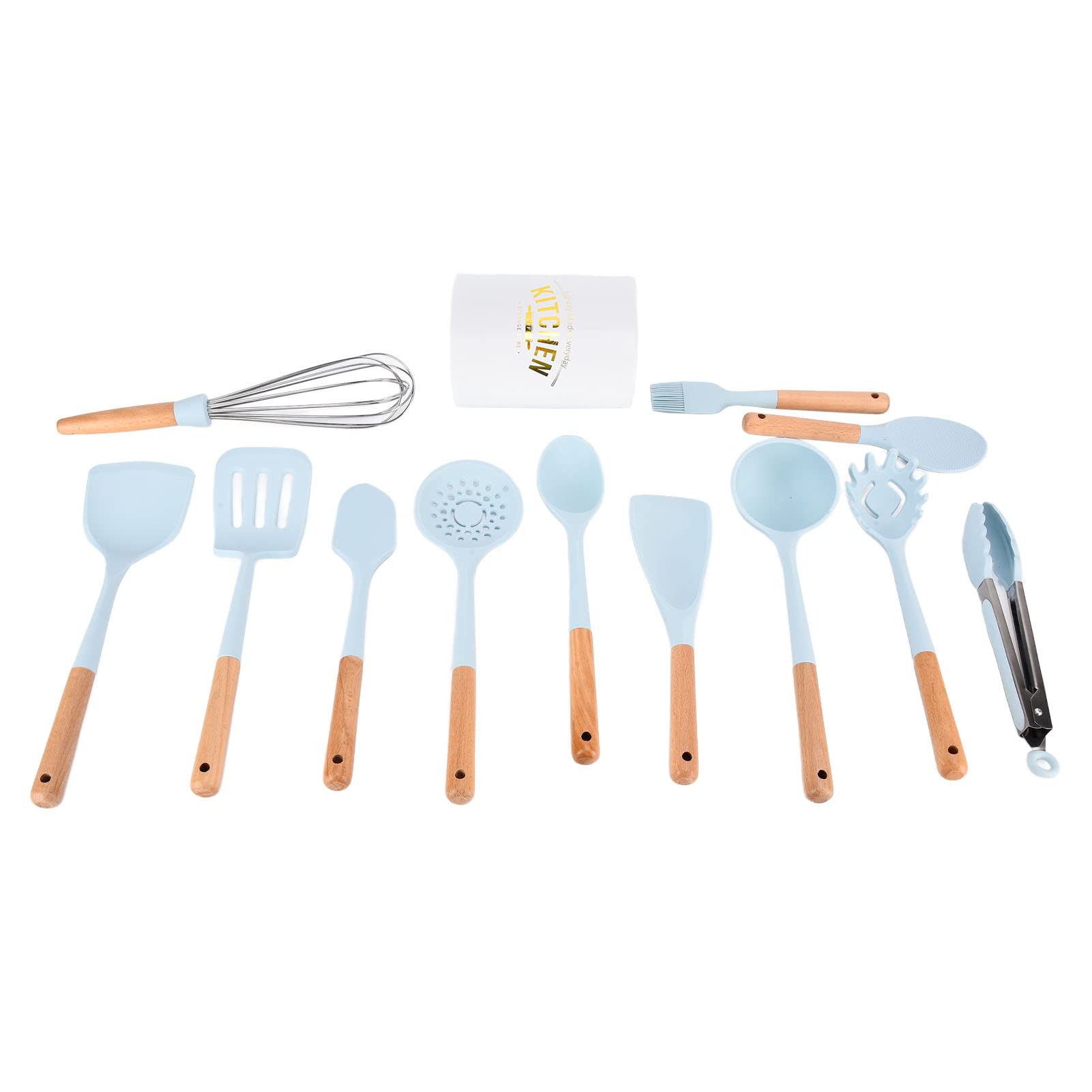 12-teiliges Silikon-Küchenutensilien-Set, antihaftbeschichtete Kochutensilien mit Holzgriffen, Wärmespatel, Löffelwender zum Backen, Braten, kostenlose Küchenhelfer für Hobbyköche