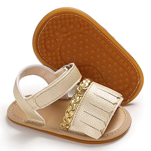 SOFMUO Baby Girls Boys Tassel Sandals Premium Soft Anti-Slip Rubber Sole Infant Summer Outdoor Shoes Toddler First Walkers(Gold,6-12 Months)