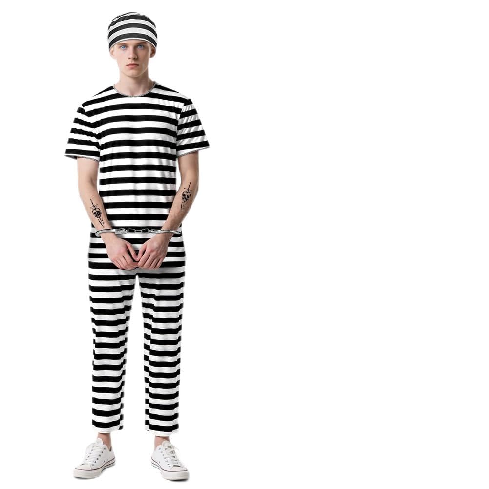 BSBUY Kostüm Häftling Set 6Pcs Gefängniskostüm Uniform mit Sträfling Oberteil Verbrecher Hose Knast Mütze Häftlingsnummer Handschellen und Aufkleber Knasti Faschingskostüme Halloween Karneval Party
