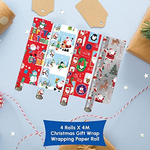 Pack of 4 x 4M Cute Christmas Santa and Friends Wrapping Paper roll -Perfect for Christmas, Festival and Festive Decoration