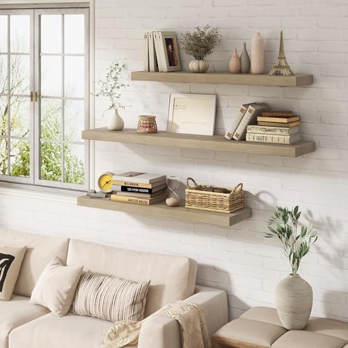 Image of Marsmiles 72 Inch Floating Shelf | 9.3 Inch Deep Grey Wood Shelf Set of 1 | 72''W x 9.3''D x 1.4''H Rustic Grey Wooden Shelves for Farmhouse Living Room Bathroom