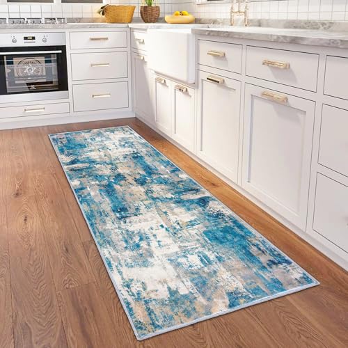 KOZYFLY Modern Abstract Runner Rug 2x6 Turquoise/Beige/Grey Runners for Hallways Kitchen Rug Non Slip Washable Carpet Rug Runner Laundry Mat with Soft Low Pile for Entryway Bathroom Bedroom Kitchen