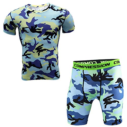 ZOOB MILEY Men's Compression Running Suits Sports Set Camo Gym Fitness Tights Shirts Shorts Blue Camo Tag 3XL