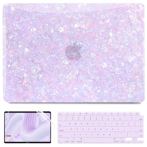 G JGOO Compatible with MacBook Air 13 Inch Case 2021 2020 2019 2018 Release M1 A2337 A2179 A1932 Touch ID, Glitter Pearl Hard Shell Case + 2 Keyboard Cover + Screen Protector,Purple Glitter Shell