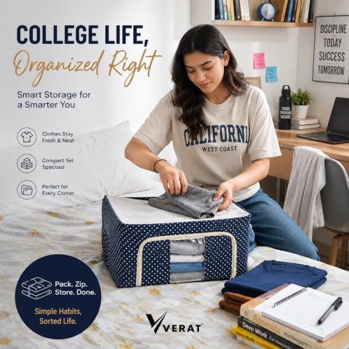 Image of VERAT 4 Pcs 24 Liters Foldable Steel Frame Cloth Organizer with Handle for Storage /Wardrobe Organizer with Zipper /Front & Top Open Almirah Organiser for Sarees /Shirts /Blankets /Clothes Bag-(Blue)