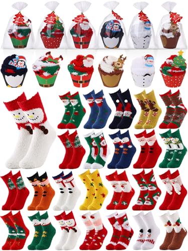 Image of Glitopper 24 Pairs Christmas Cupcake Fuzzy Socks Gift Cartoon Plush Fluffy Slipper Socks Winter Warm Socks for Women Holiday Soft Sleeping Sock for Unisex Adult Coworkers Christmas Gift