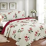 Colcha Para Cama de Casal Tamanho Queen e King Estampado Dupla Face - 3 Peças - Cobre leito e Fronhas - Microfibra Estampa Floral (Vinho, Casal)