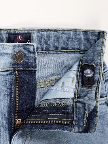 Image of KiddoPanti Boys Knee-Length Denim Shorts | Stretchable Cotton Poly Denim | Comfortable Fit with Button Elasticated Waistband & Zip Fly